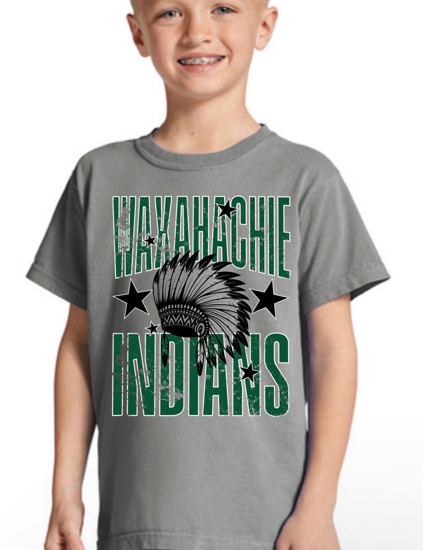 Waxahachie Distressed Indian Tee. Finley
